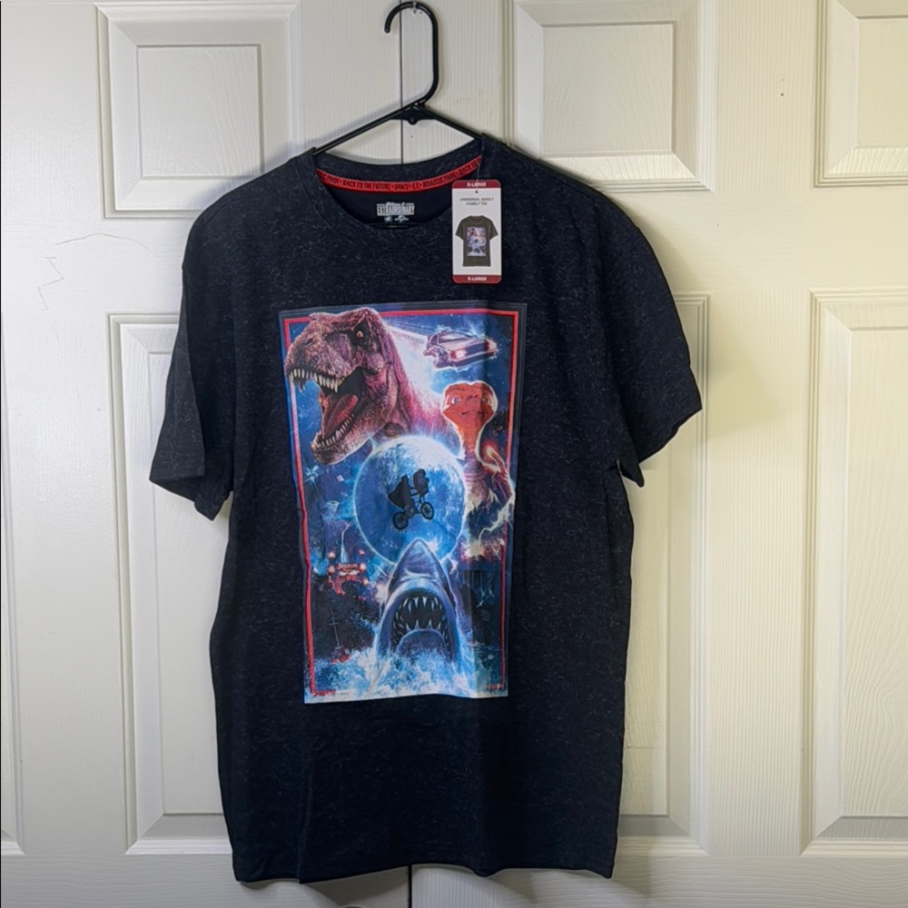 Black Graphic T-Shirt with Dinosaur and Shark Design